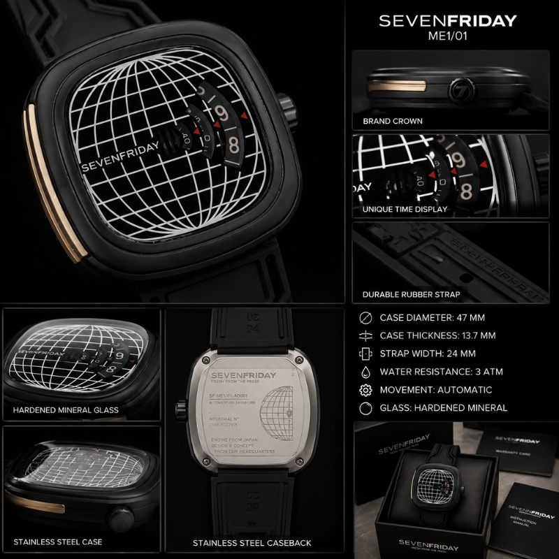SE_VEN_FRI_DAY ME1/01 Automatic Men's Premium Black Silicone Strap Watch