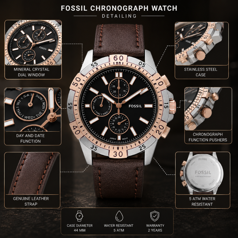 Fo_ssil Men's Chronograph Analog Watch | Brown Genuine Leather Strap | Black Dial | Stainless Steel Case | Stylish Casual & Formal Wrist Watch