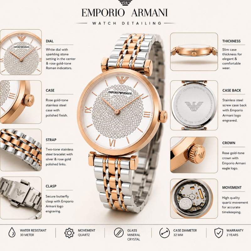 Em_porio Arm_ani Women's Analog Watch | Rose Gold & Silver Two-Tone Stainless Steel Strap | White Crystal Dial | Luxury Dress Wrist Watch