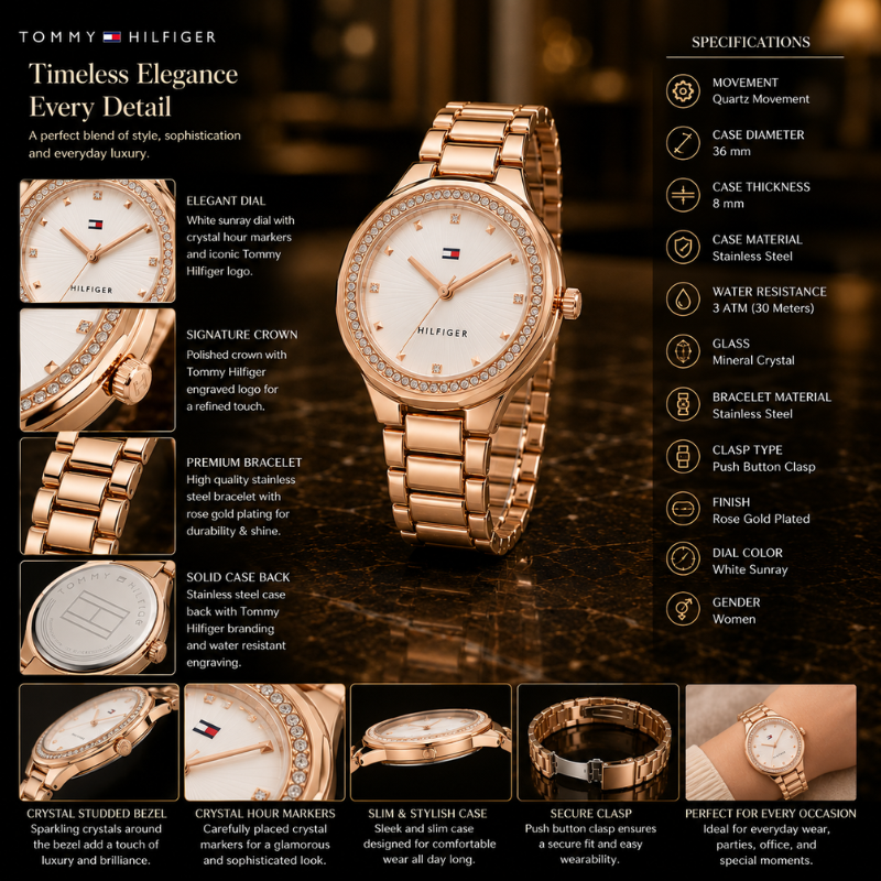 Tom_my Hil_figer Women's Analog White Dial Watch with Rose Gold Stainless Steel Bracelet | Crystal Bezel Luxury Wrist Watch
