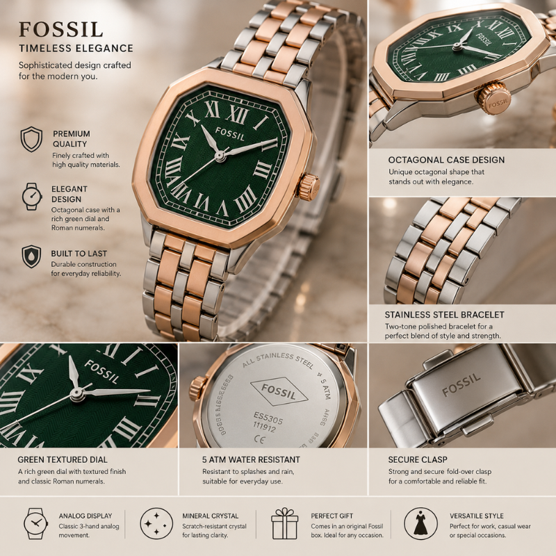 Fos_sil Women's Two-Tone Analog Watch | Green Roman Dial | Rose Gold & Silver Stainless Steel Bracelet | Premium Quartz Wrist Watch