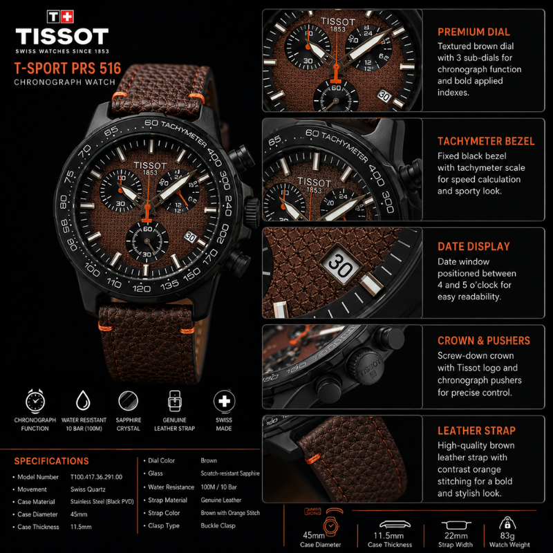 Tis_sot Men's Premium Chronograph Analog Watch | Brown Textured Dial | Black Case | Genuine Leather Strap
