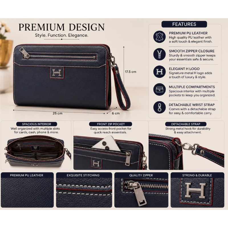 Her_mès Style Men's Premium Leather Clutch Bag | Navy Blue | Multi-Compartment | Detachable Wrist Strap