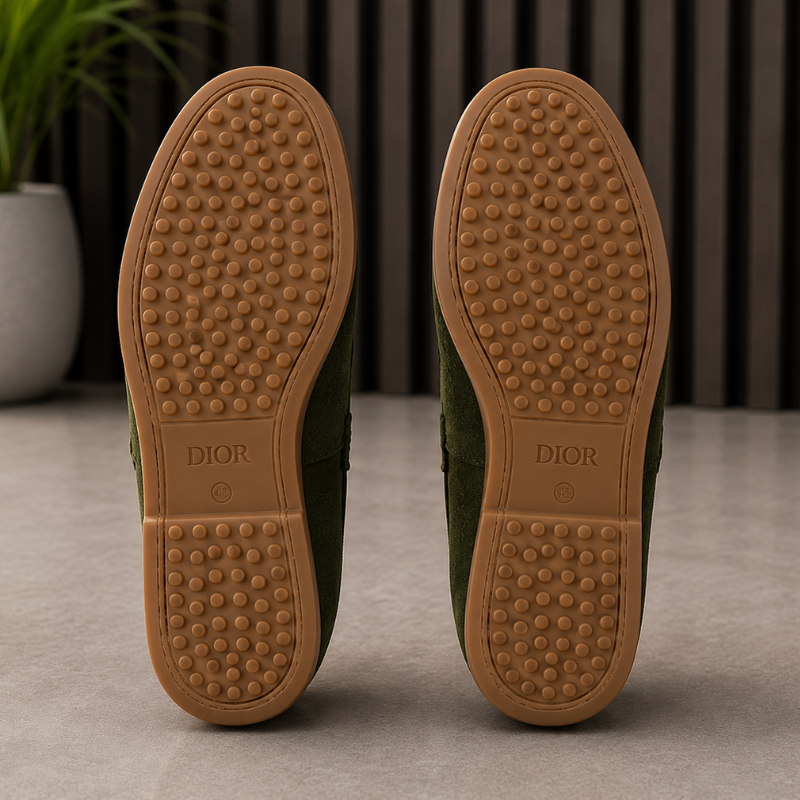 Pre_mium di_or Men's Olive Green Suede Loafers | Metal Horsebit Buckle | Slip-On Formal & Casual Shoes