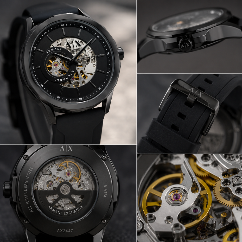 Arm_ani Excha_nge Automatic Skeleton Dial Men's Watch | Black Silicone Strap | Premium Luxury Timepiece