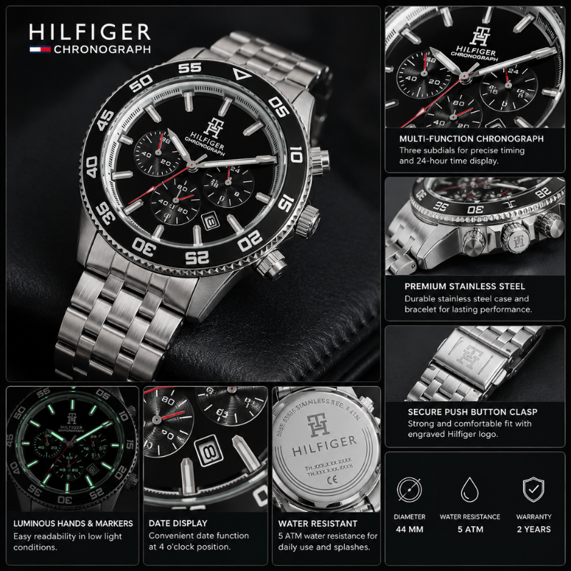 Tom_my Hilf_iger Men's Stainless Steel Chronograph Analog Watch | Black Dial | Silver Metal Strap | Premium Luxury Wrist Watch
