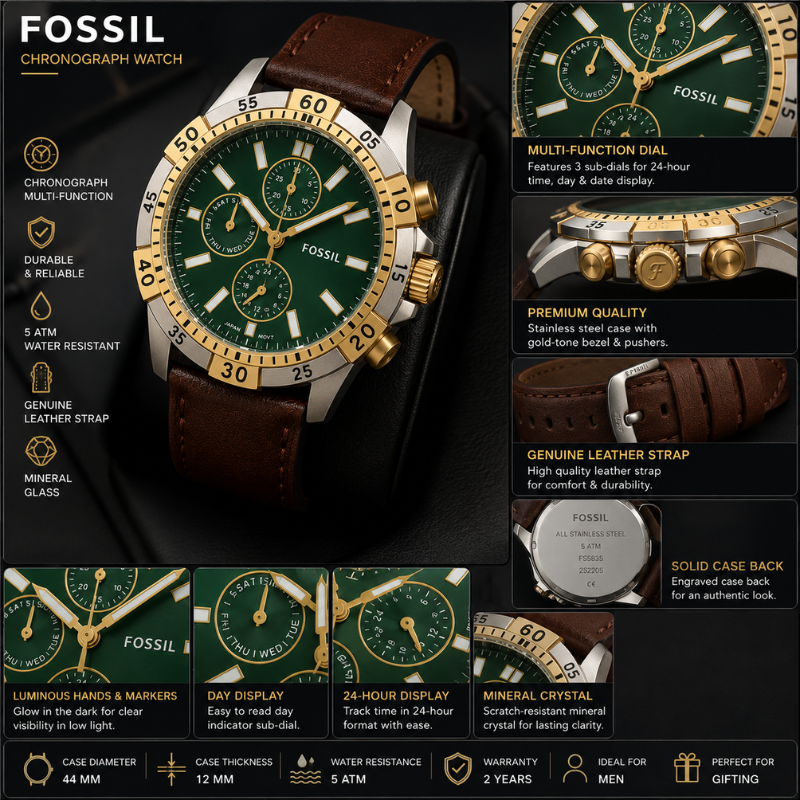 Fo_ ssil Men's Chronograph Analog Watch | Green Dial | Brown Genuine Leather Strap | Premium Luxury Wrist Watch