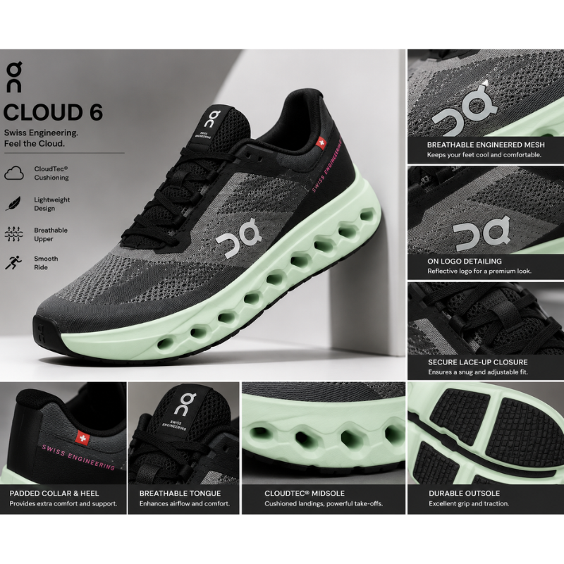 O_n Run_ning Cloud 6 Men's Running Shoes | Lightweight Breathable Sports Sneakers | Black/Mint Green