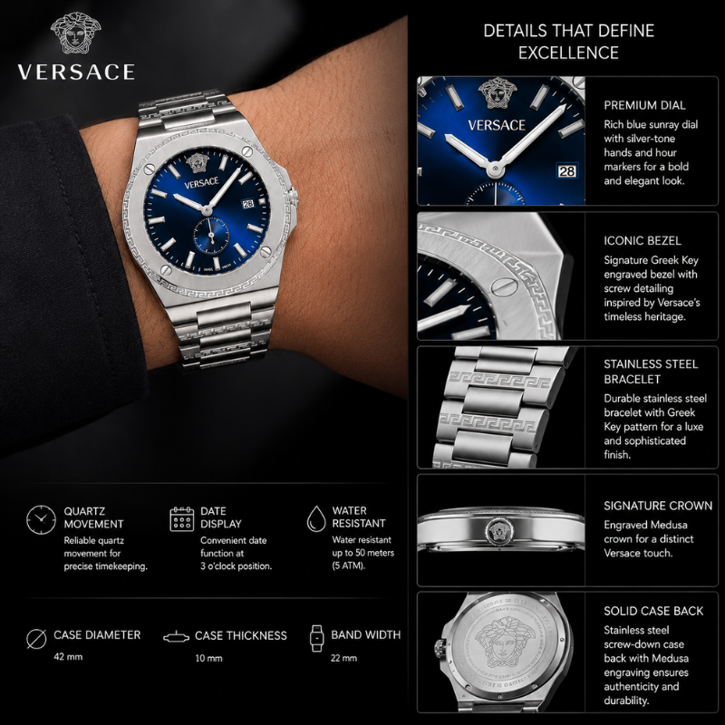 Ver_sace Men's Luxury Blue Dial Stainless Steel Analog Watch | Premium Quartz Wrist Watch