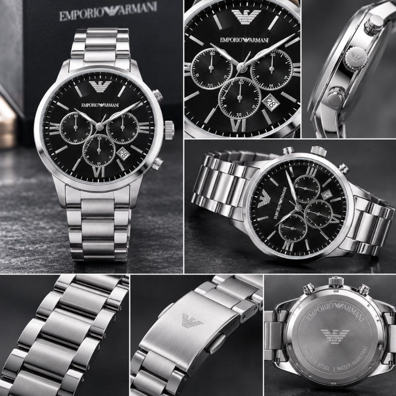 Em_porio Ar_mani Men's Black Dial Chronograph Stainless Steel Analog Watch | Silver Bracelet