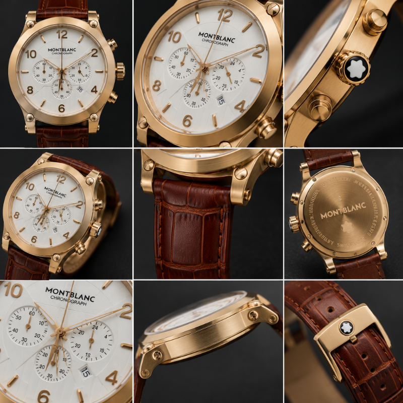 Mon_tblanc Men's White Dial Chronograph Brown Leather Strap Analog Watch | Gold Tone Case
