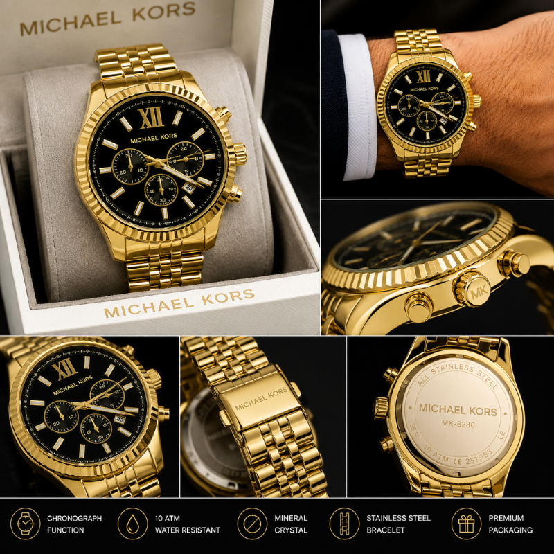 Mic_hael Ko_rs Men's Gold-Tone Black Dial Chronograph Stainless Steel Luxury Watch