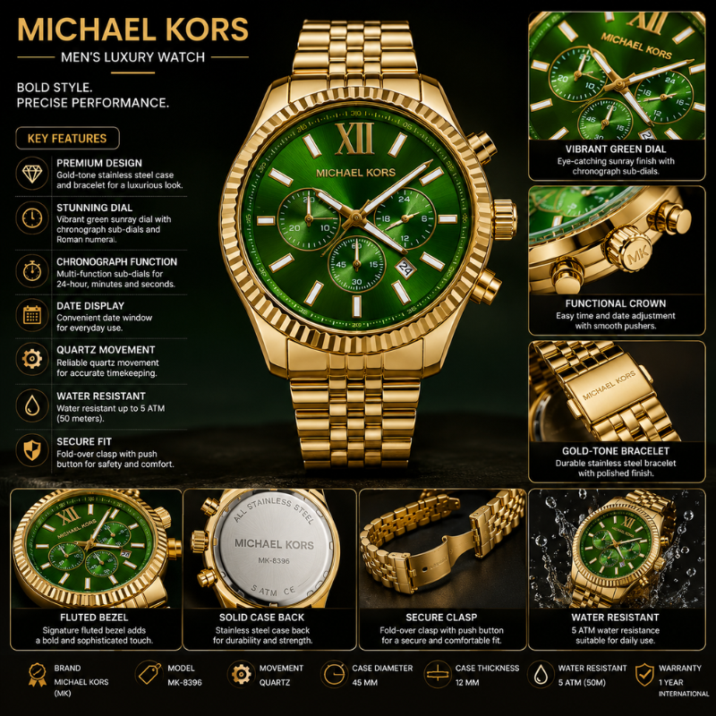 Mic_hael Kors Men's Gold-Tone Green Dial Chronograph Luxury Watch