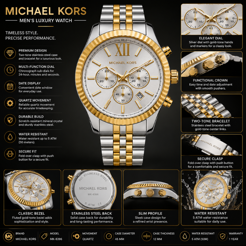 Mic_hael Ko_rs Men's Two-Tone Silver Dial Chronograph Stainless Steel Luxury Watch