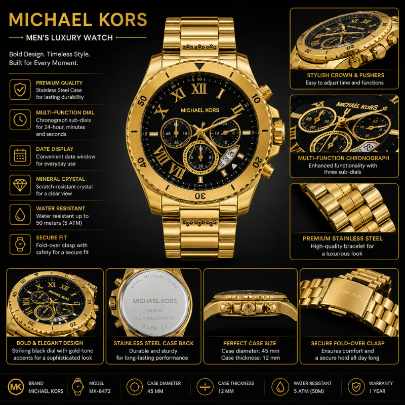 Mic_hael K_ors Men's Gold-Tone Black Dial Chronograph Luxury Watch