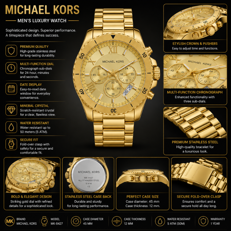 Mic_hael Kors Men's Gold-Tone Champagne Dial Chronograph Luxury Watch