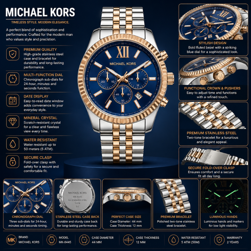 Mic_hael Kors Men's Two-Tone Blue Dial Chronograph Stainless Steel Luxury Watch