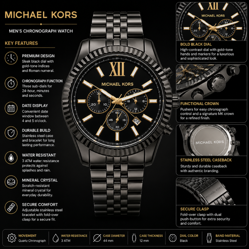 Mich_ael Kors Men's Black Stainless Steel Chronograph Luxury Watch