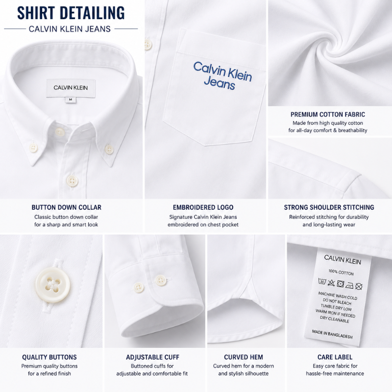 Cal_vin Kl-ein Jeans Men's White Premium Cotton Slim Fit Casual Shirt with Embroidered Logo