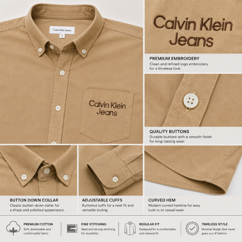 Cal_vin Kl_ein Jeans Men's Beige Button-Down Casual Cotton Shirt with Embroidered Chest Pocket