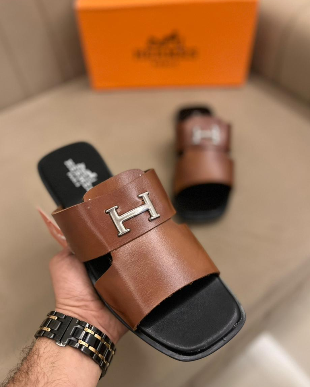Prem_ium Bro_wn Double-Strap Men's Slide Sandals with Metal H Buckle