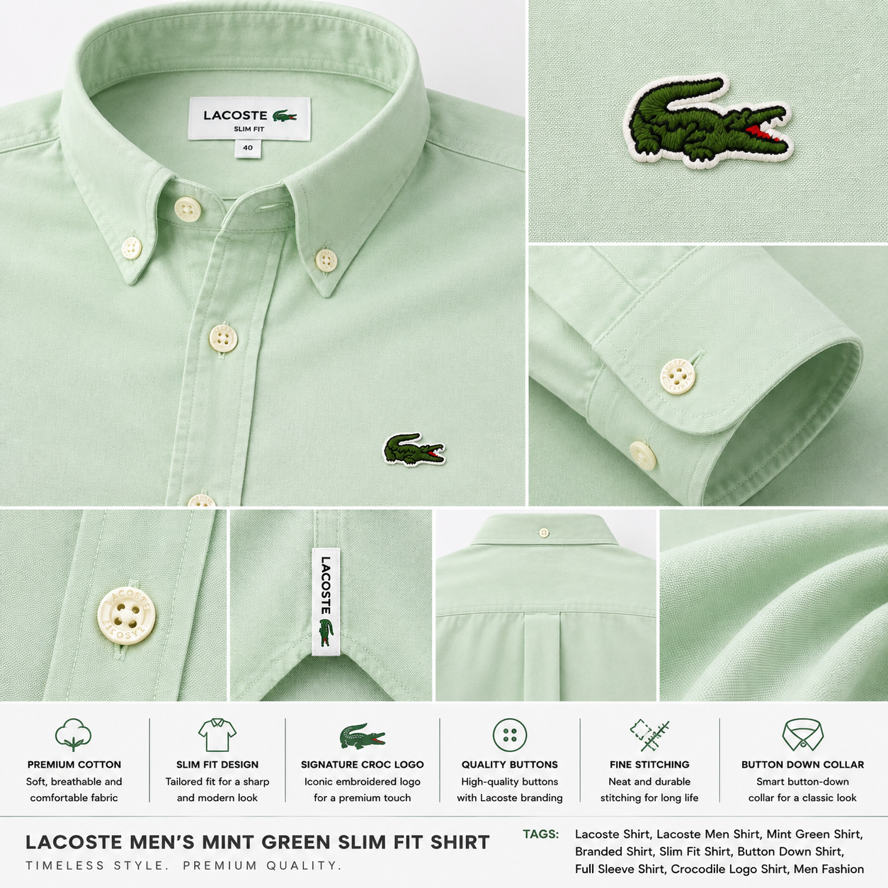 Lac_oste Men’s Mint Green Slim Fit Button-Down Shirt – Signature Crocodile Logo