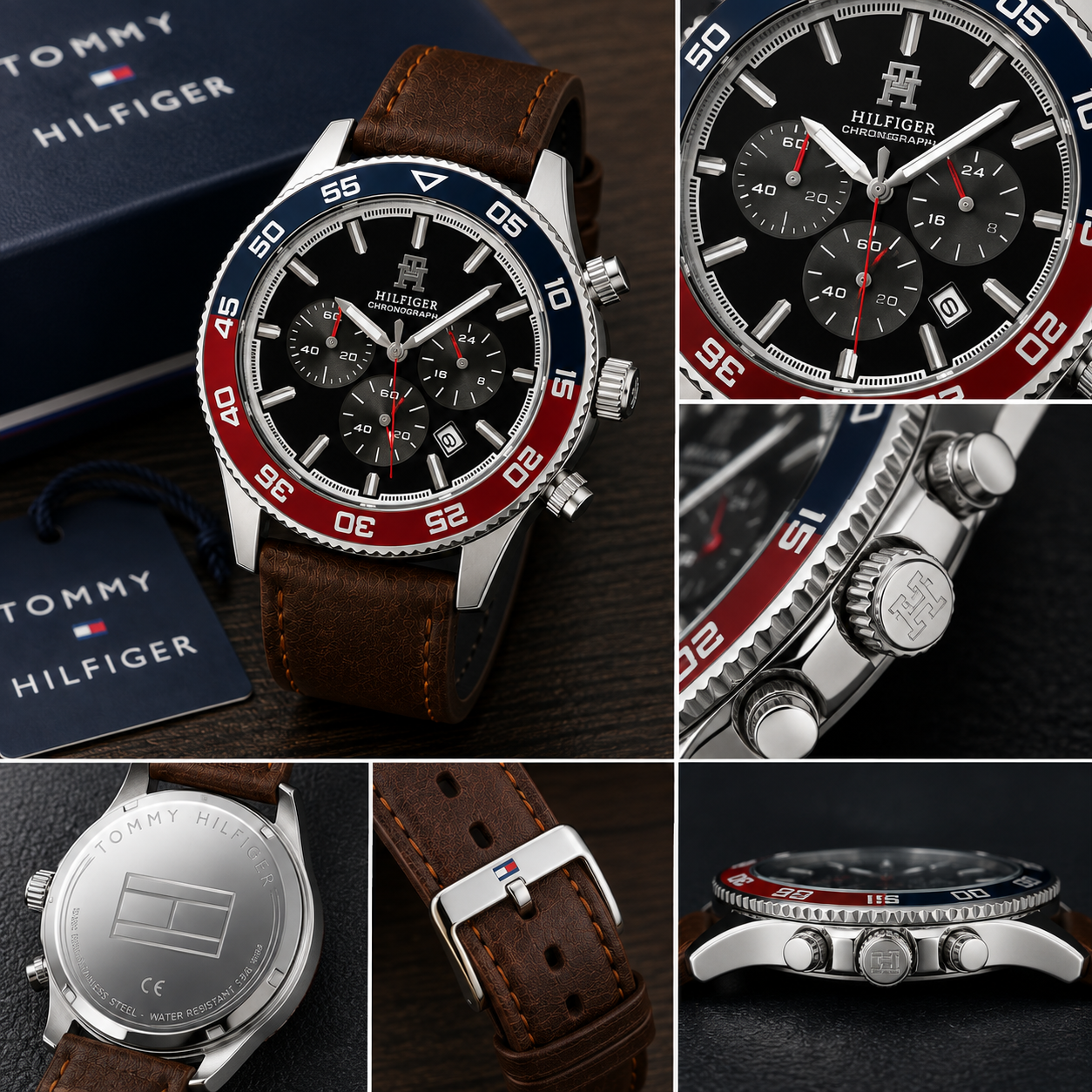 Tom_my Hilfi_ger Chronograph Men’s Watch – Black Dial, Red & Blue Bezel with Brown Strap