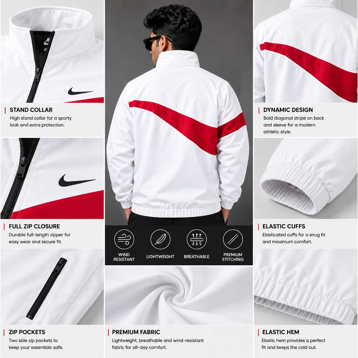 Ni_ke Men's White Color Block Sports Jacket | Lightweight Full Zip Windbreaker
