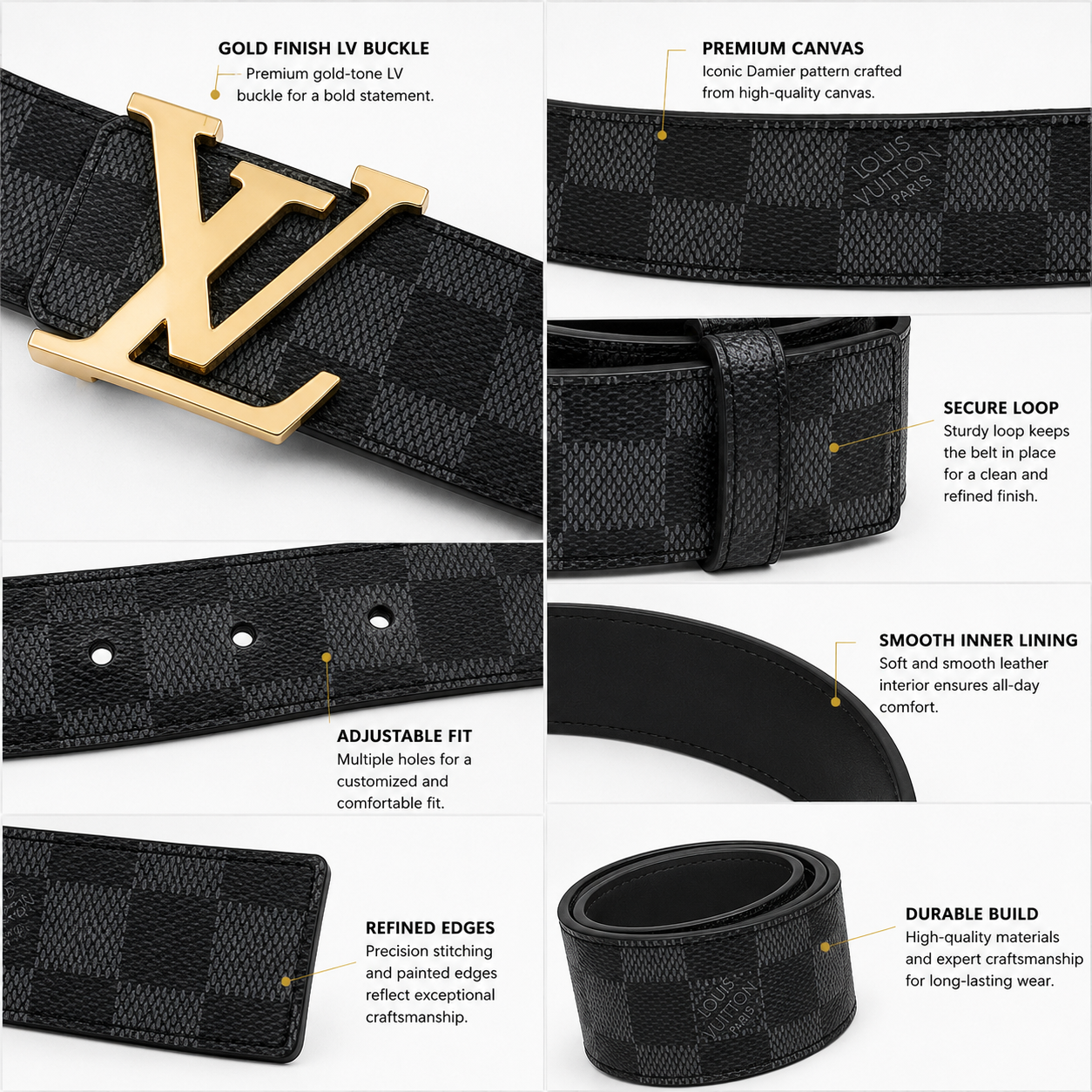 Lo_uis Vuitton Damier Graphite Black Belt with Gold L_V Buckle – Luxury Men’s Designer Belt