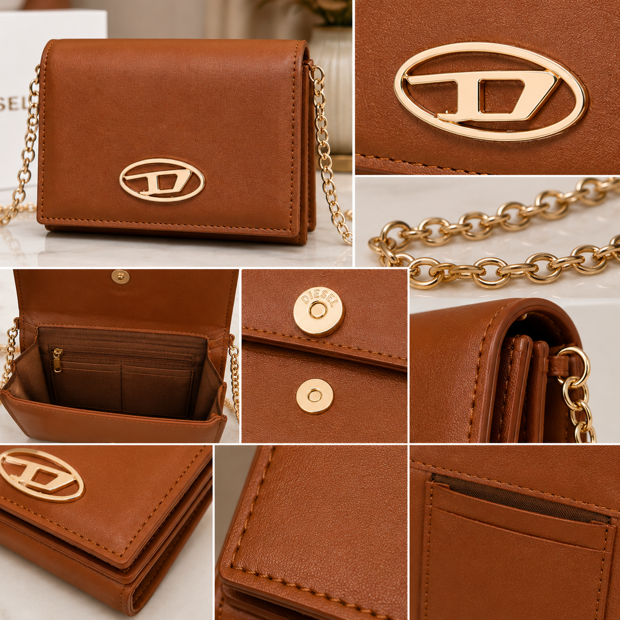 DIE_SEL Women’s Rust Brown Chain Shoulder Bag – Premium Compact Crossbody Handbag