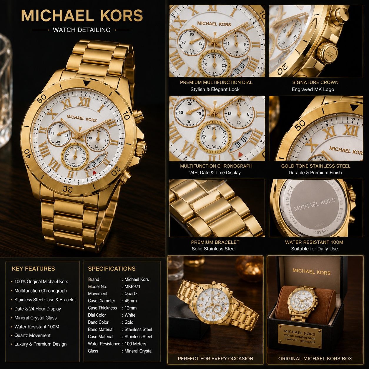Mic_hael Ko_rs Gold-Tone Chronograph Men’s Watch – White Dial