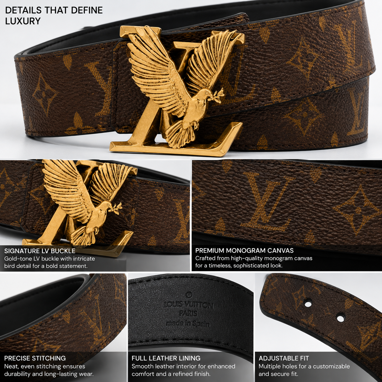 Lo_uis Vui_tton Monogram Brown Belt with Gold Eagle L_V Buckle – Luxury Men’s Belt