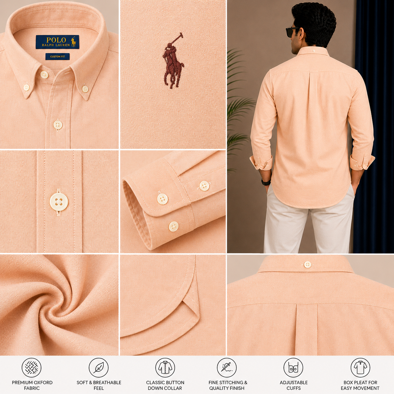Po_lo RAL_PH LAU_REN Men’s Premium Peach Oxford Shirt – Embroidered Button-Down Full Sleeve Shirt