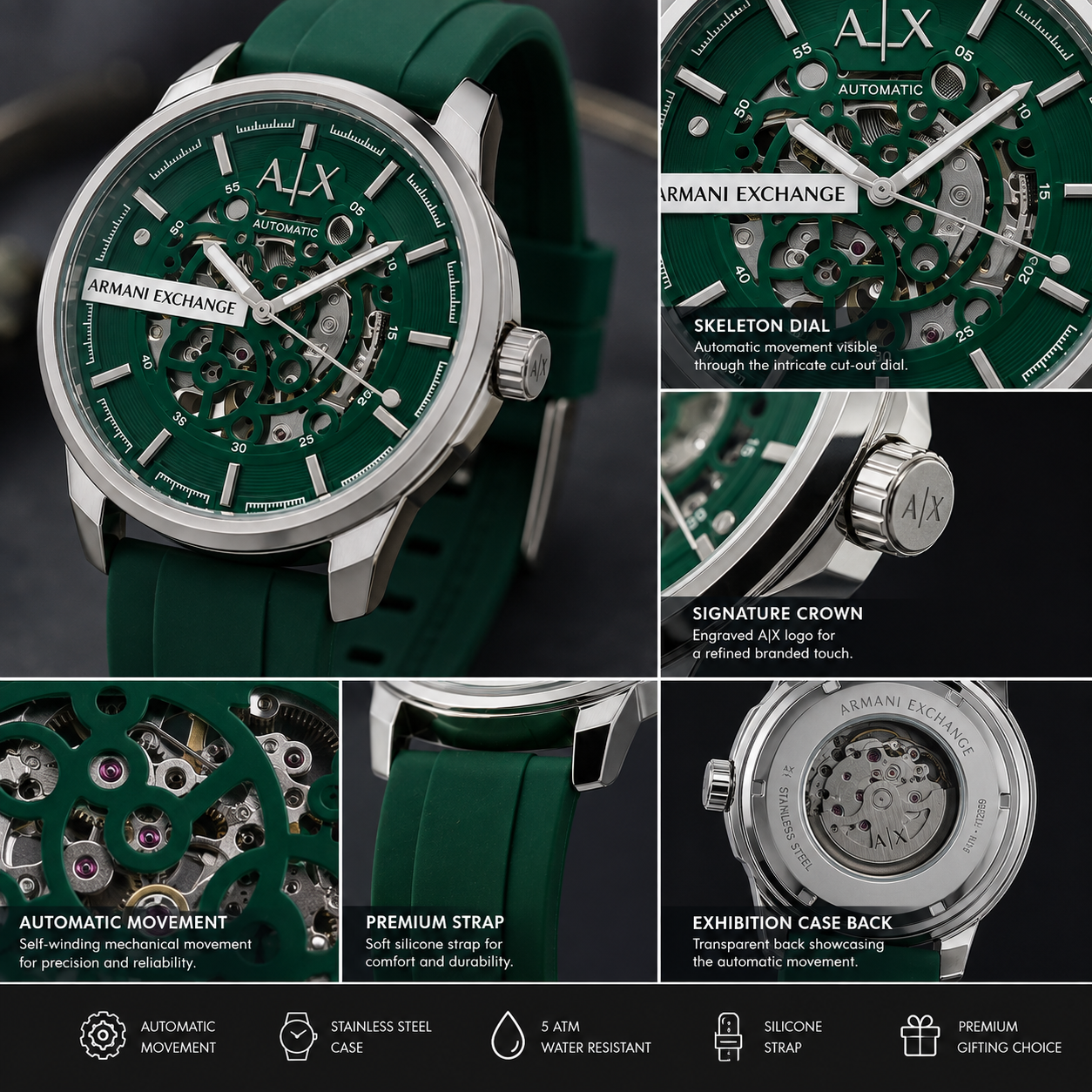 Ar_mani Exc_hange A_|_X Automatic Skeleton Dial Men’s Watch – Green Silicone Strap & Silver Case