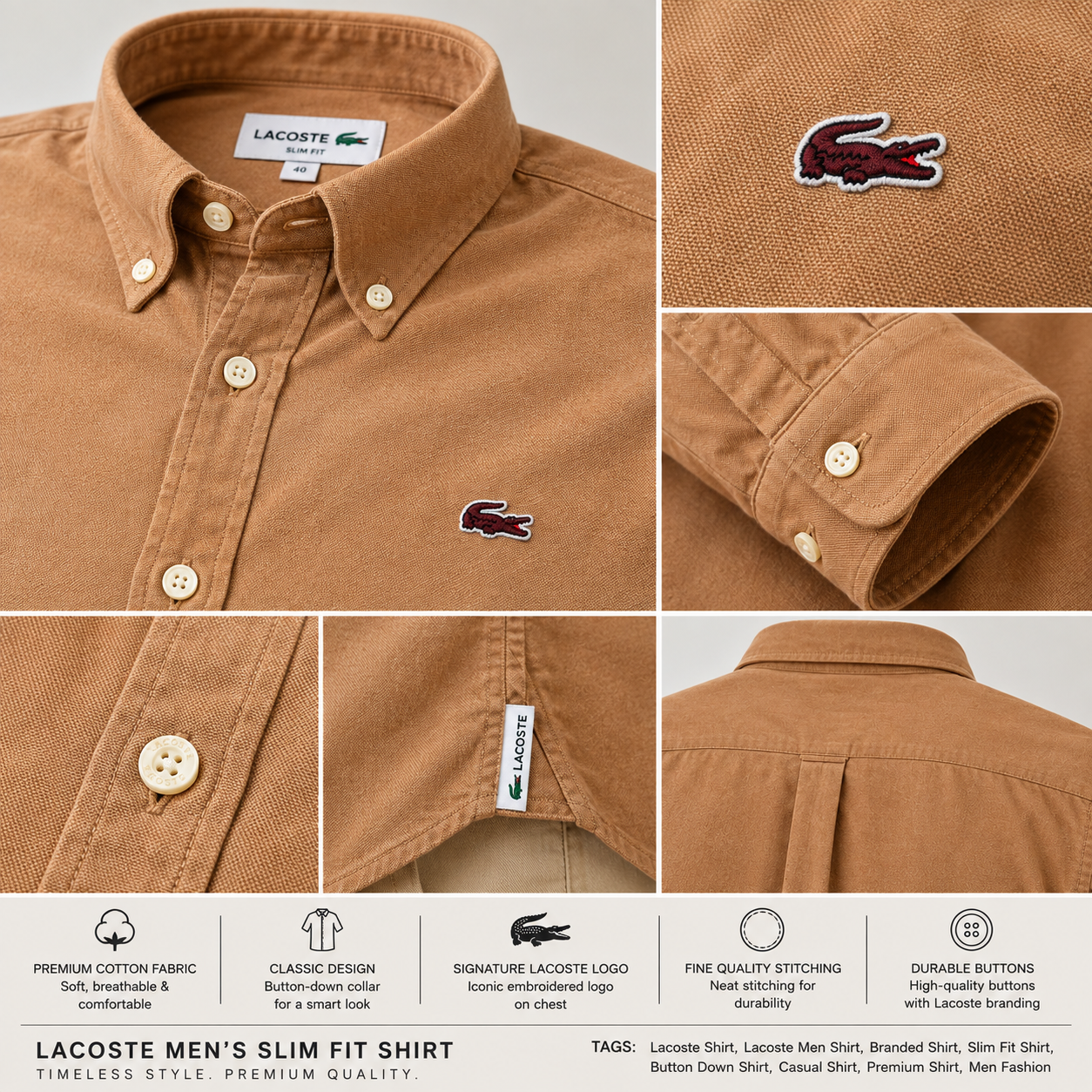 Lac_oste Men’s Tan Brown Slim Fit Button-Down Shirt – Signature Crocodile Logo