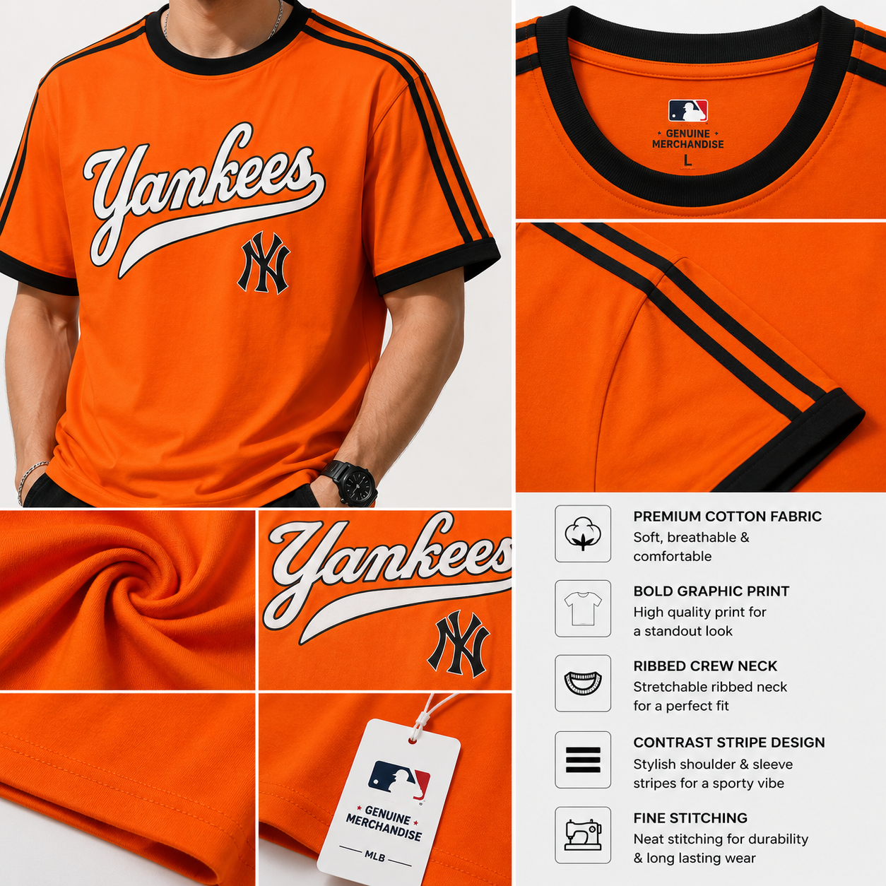 Ne_w Yo_rk Yank_ees Inspired Men's Premium Orange Oversized Cotton T-Shirt with Contrast Stripe