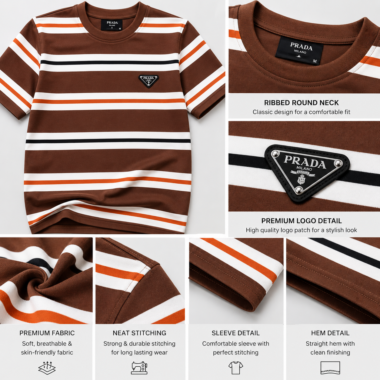 Pr_ada Men’s Premium Brown Striped T-Shirt | Round Neck Half Sleeve Designer Casual Tee