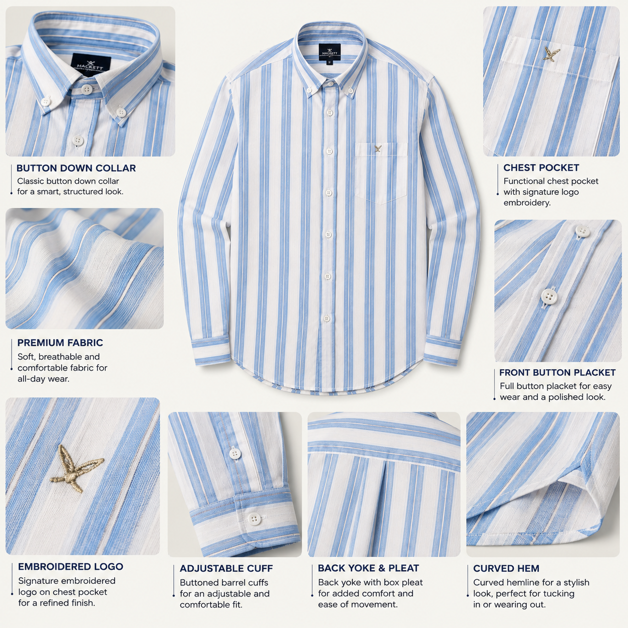 HAC_KETT London Men’s Premium Blue & White Striped Full Sleeve Shirt – Classic Smart Casual Style