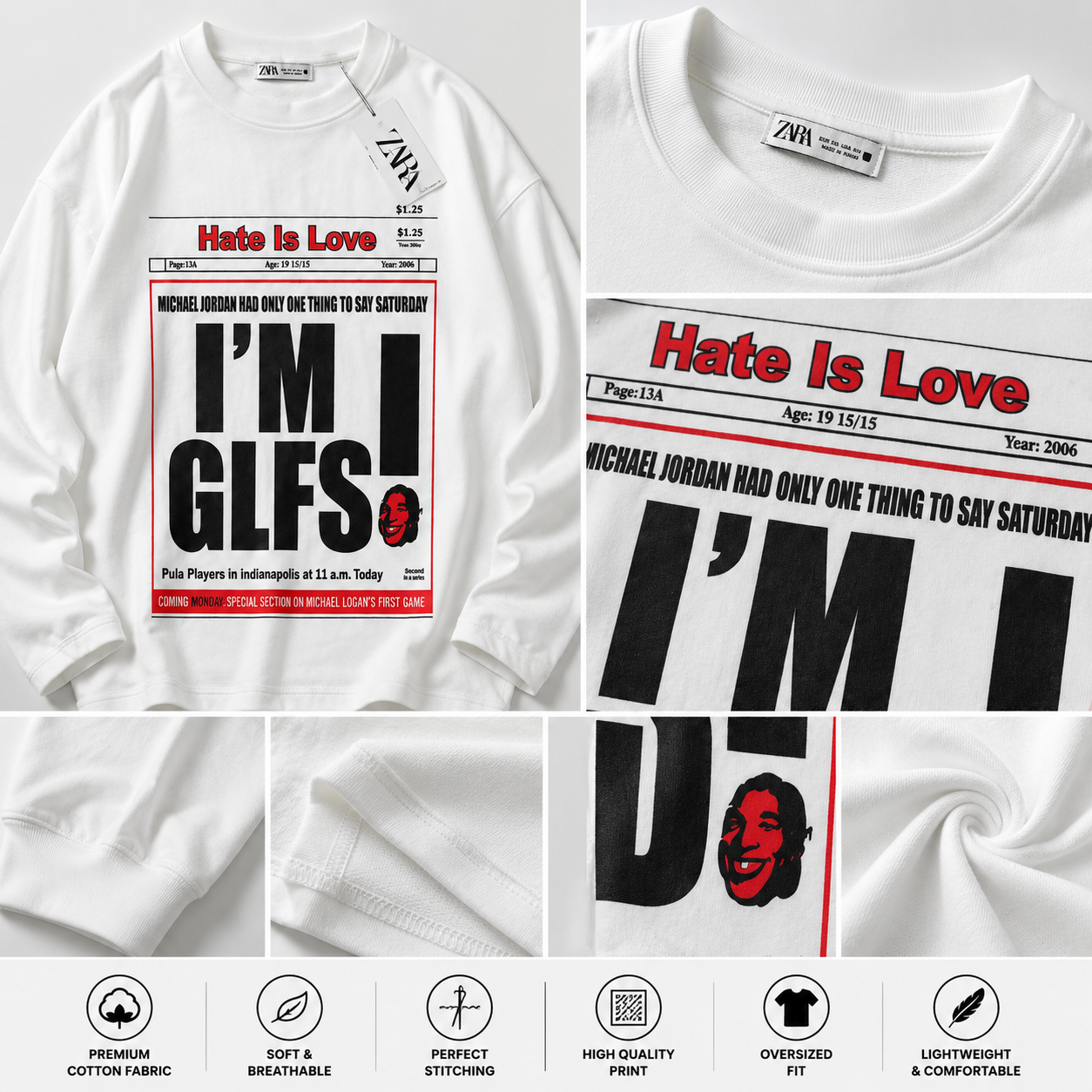 Za_ra Men’s White Oversized Graphic T-Shirt | Full Sleeve Streetwear Tee | Newspaper Print Casual T-Shirt