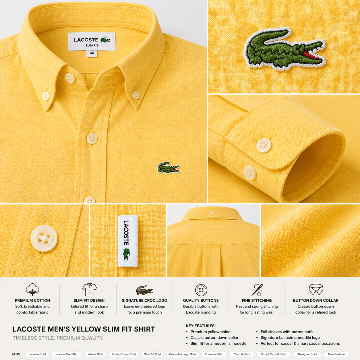 Lac_oste Men’s Yellow Slim Fit Button-Down Shirt – Signature Crocodile Logo