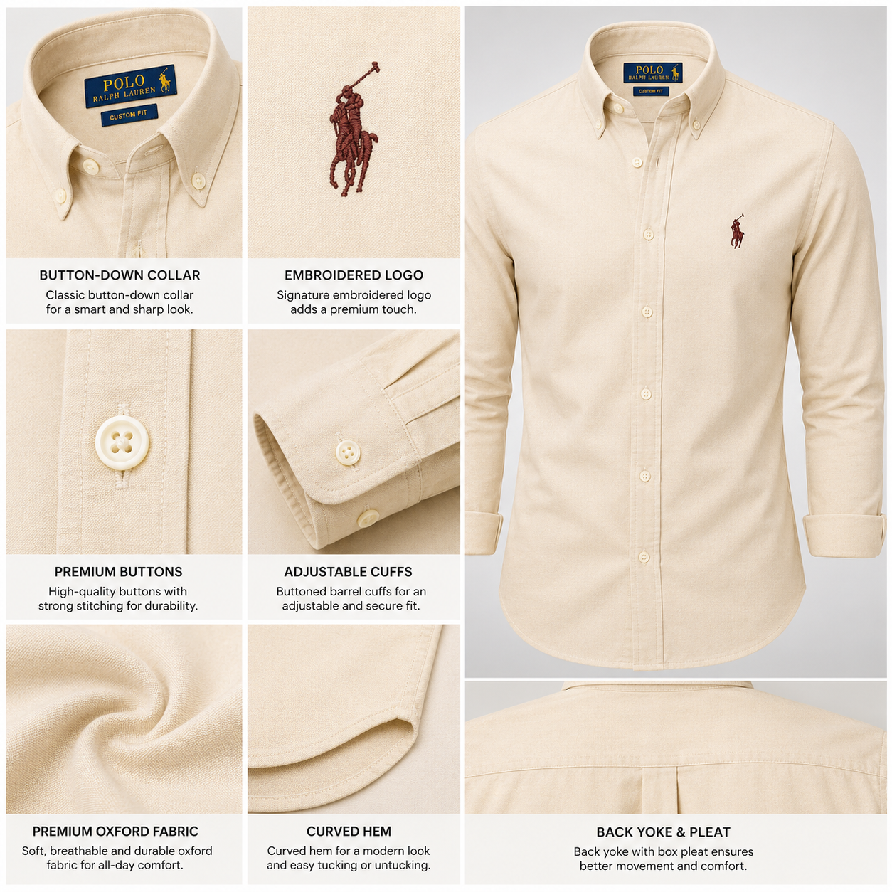 Po_lo RAL_PH LAU_REN Men’s Premium Beige Cream Oxford Shirt – Embroidered Button-Down Full Sleeve Shirt