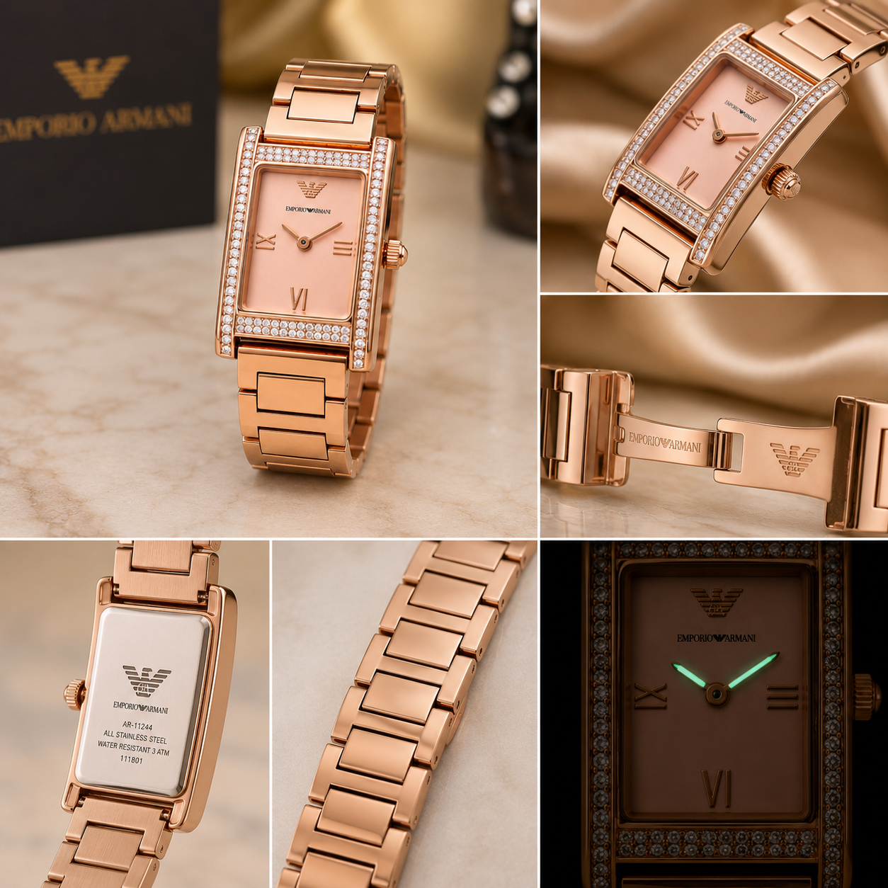 Emp_orio Arm_ani Rose Gold Crystal-Studded Rectangular Women’s Watch