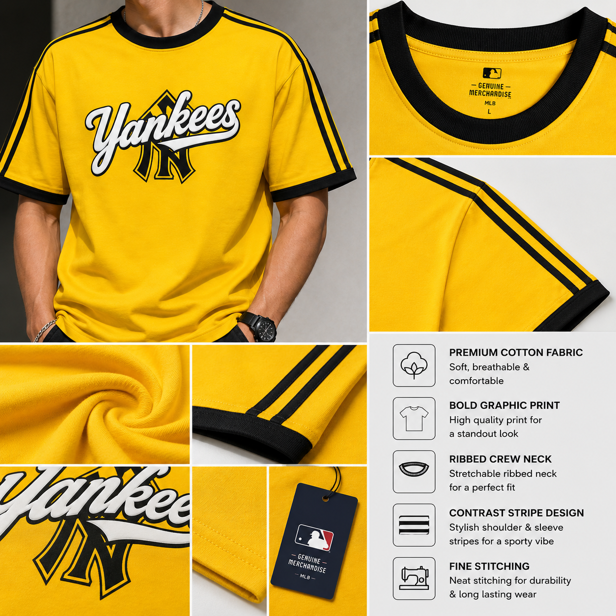 N_ew Yo_rk Yan_kees Inspired Men's Premium Yellow Oversized Cotton T-Shirt with Contrast Stripe