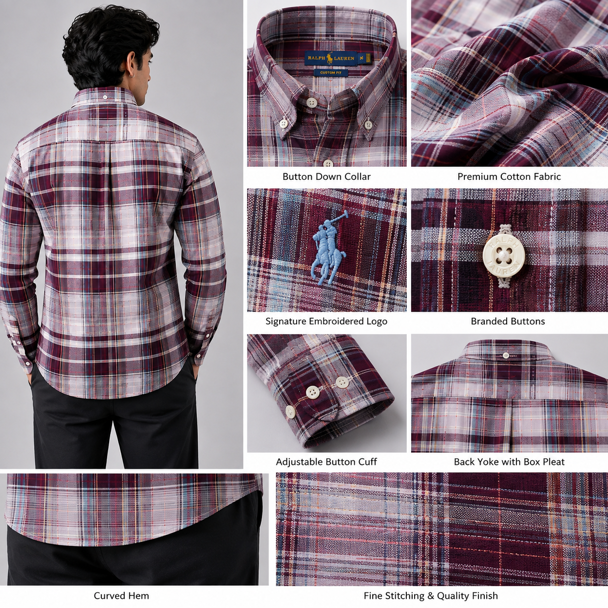 Po_lo Ra_lph Lau_ren Men's Burgundy Plaid Check Shirt | Custom Fit Full Sleeve Button-Down Shirt