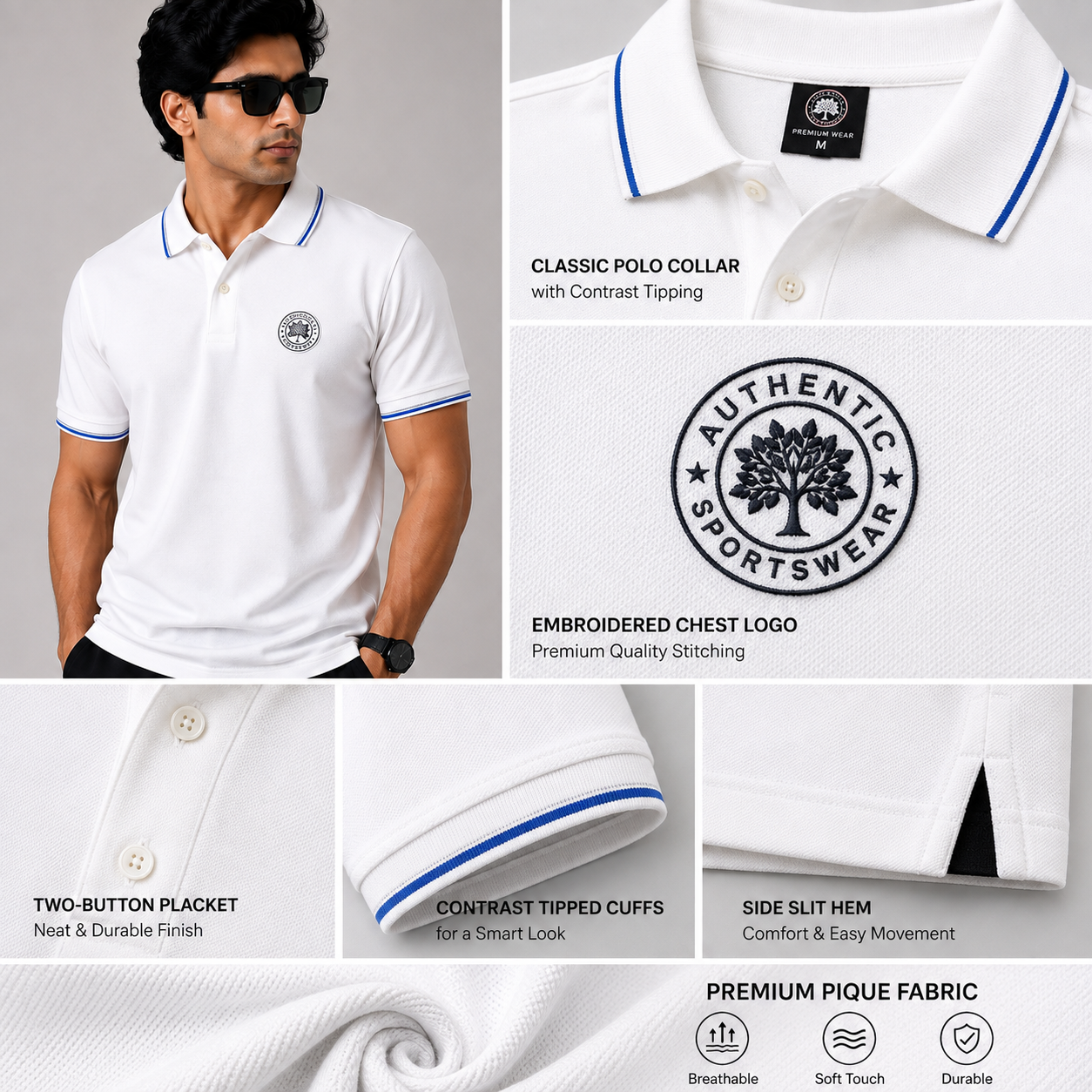 Men’s White Premium Polo T-Shirt with Blue Contrast Tipping & Embroidered Chest Logo
