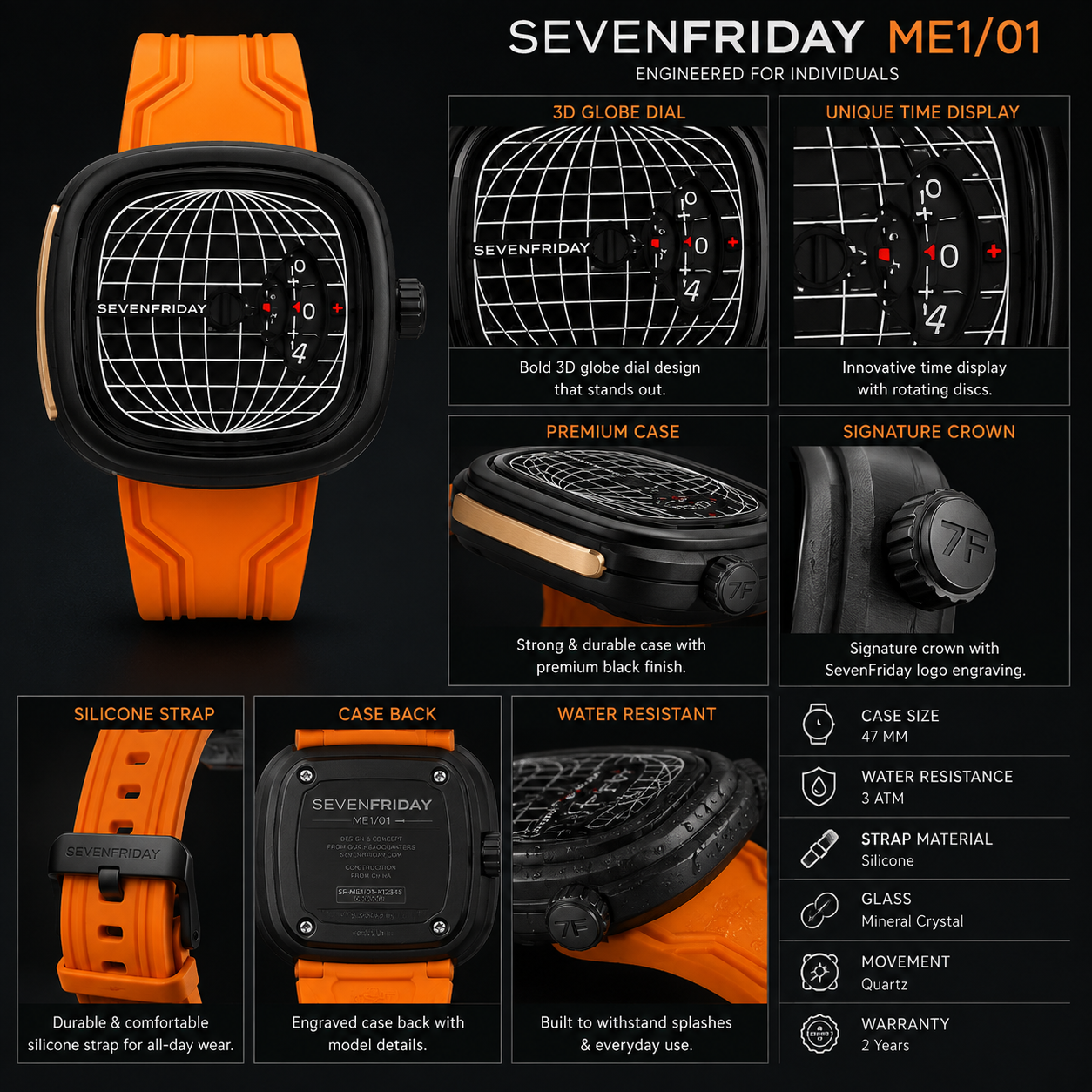 SE_VEN_FRI_DAY ME1/01 Men's Statement Watch – Black Globe Dial with Orange Silicone Strap