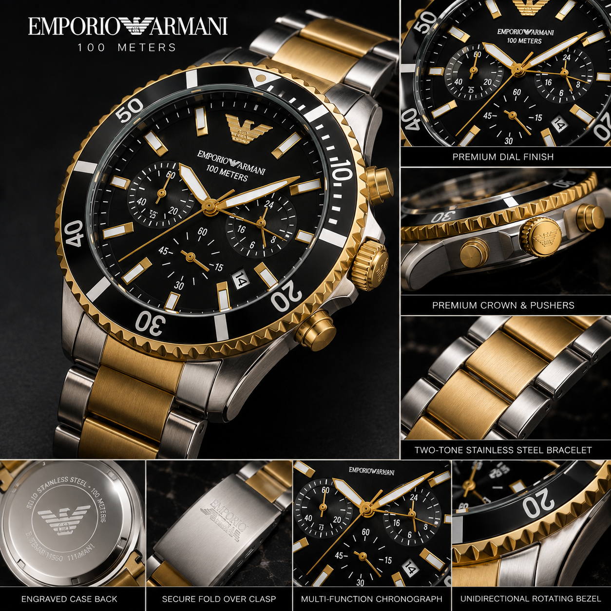 Em_porio Arm_ani Two-Tone Men’s Chronograph Watch – Black Dial & Gold-Silver Stainless Steel Bracelet