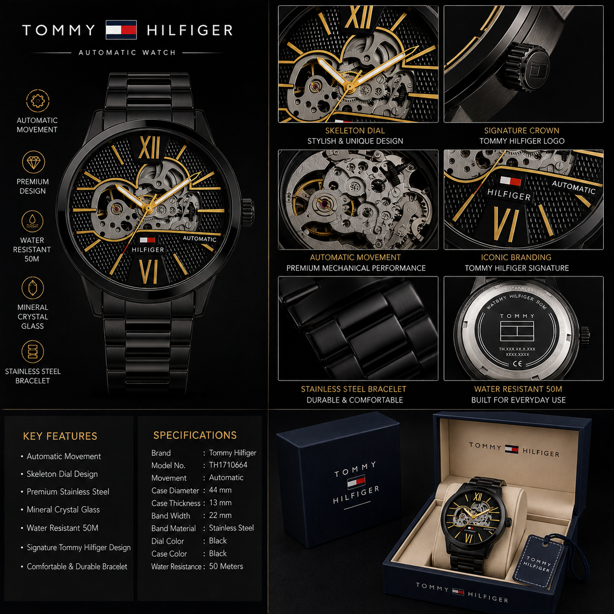 Tom_my Hilfi_ger Black & Gold Skeleton Automatic Men’s Watch