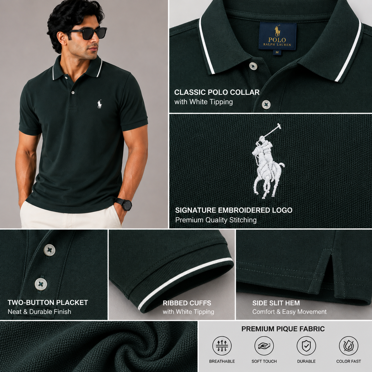 Po_lo Ra_lph Lau_ren Men’s Dark Green Premium Polo T-Shirt – Signature Pony Logo & Contrast Collar