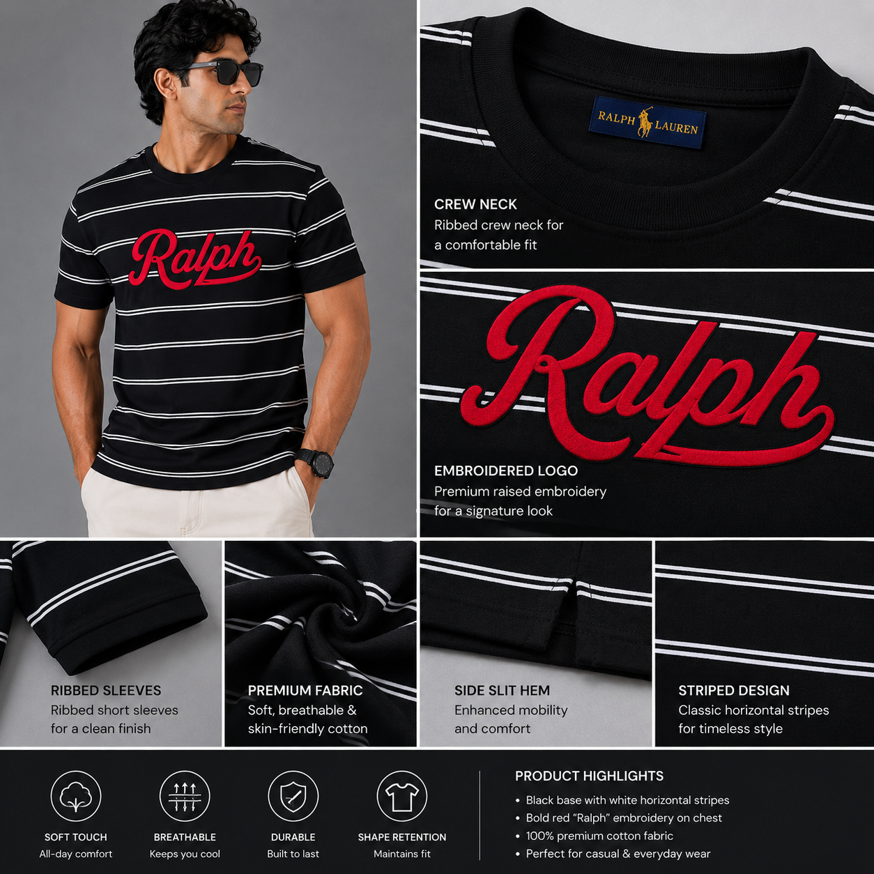 Po_lo Ral_ph Lau_ren Men’s Black Striped Crew Neck T-Shirt – Red Ralph Embroidered Logo